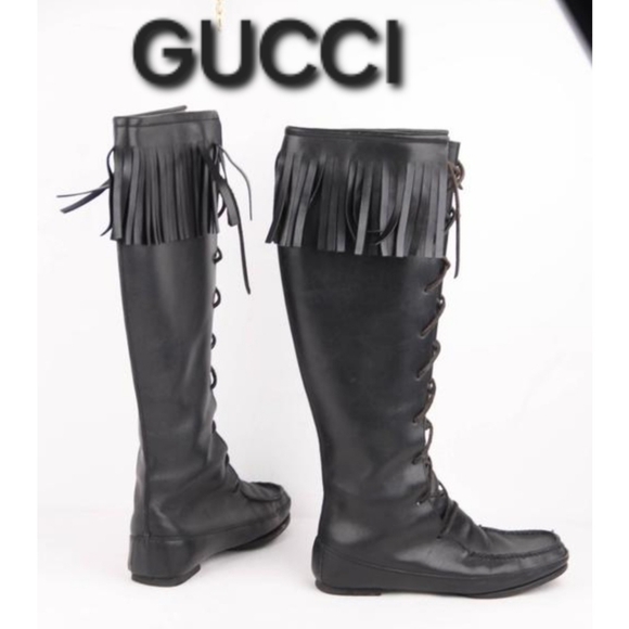 GUCCI Tom Ford RUNWAY '99 Black Lace Up Knee Fringe Leather Moccasin Boots 10m - Picture 2 of 16